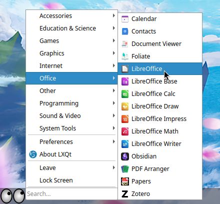 lxqt-panel application menu with two levels of pop-ups