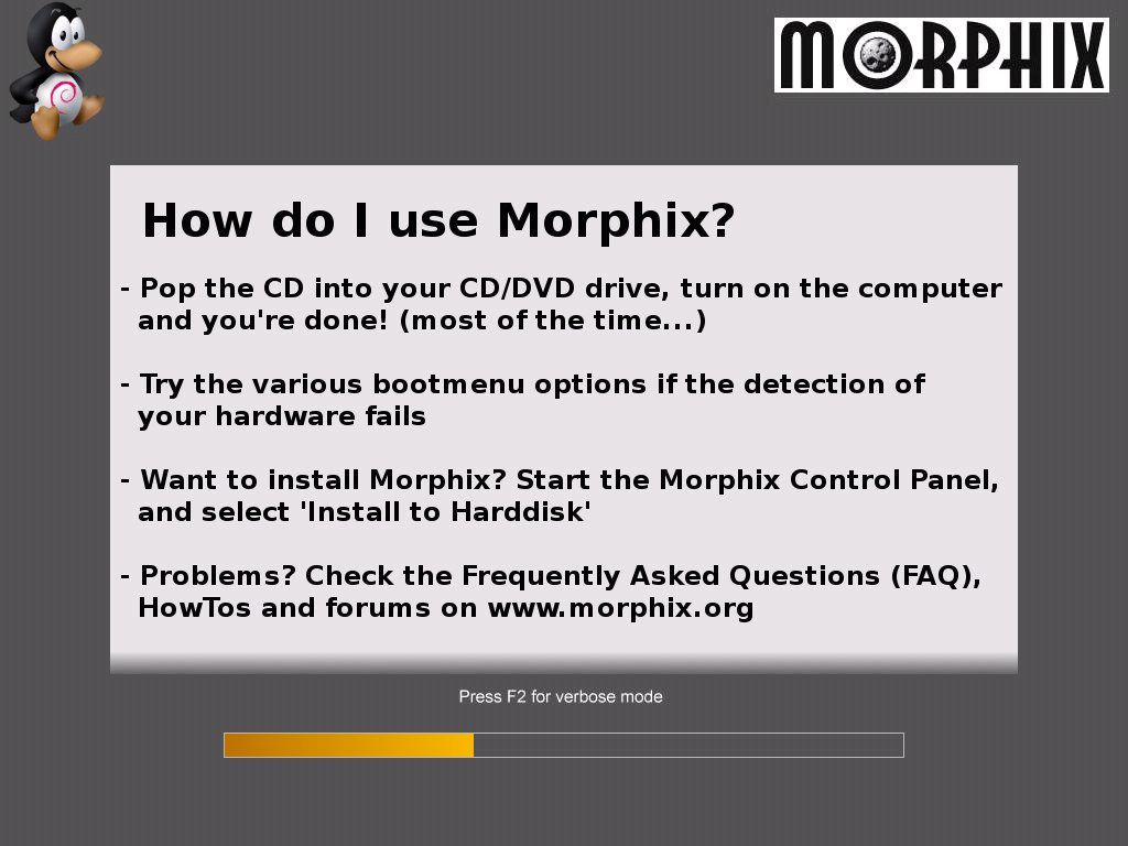 Morphix splash screen - showing a progress bar some tips about the operating system