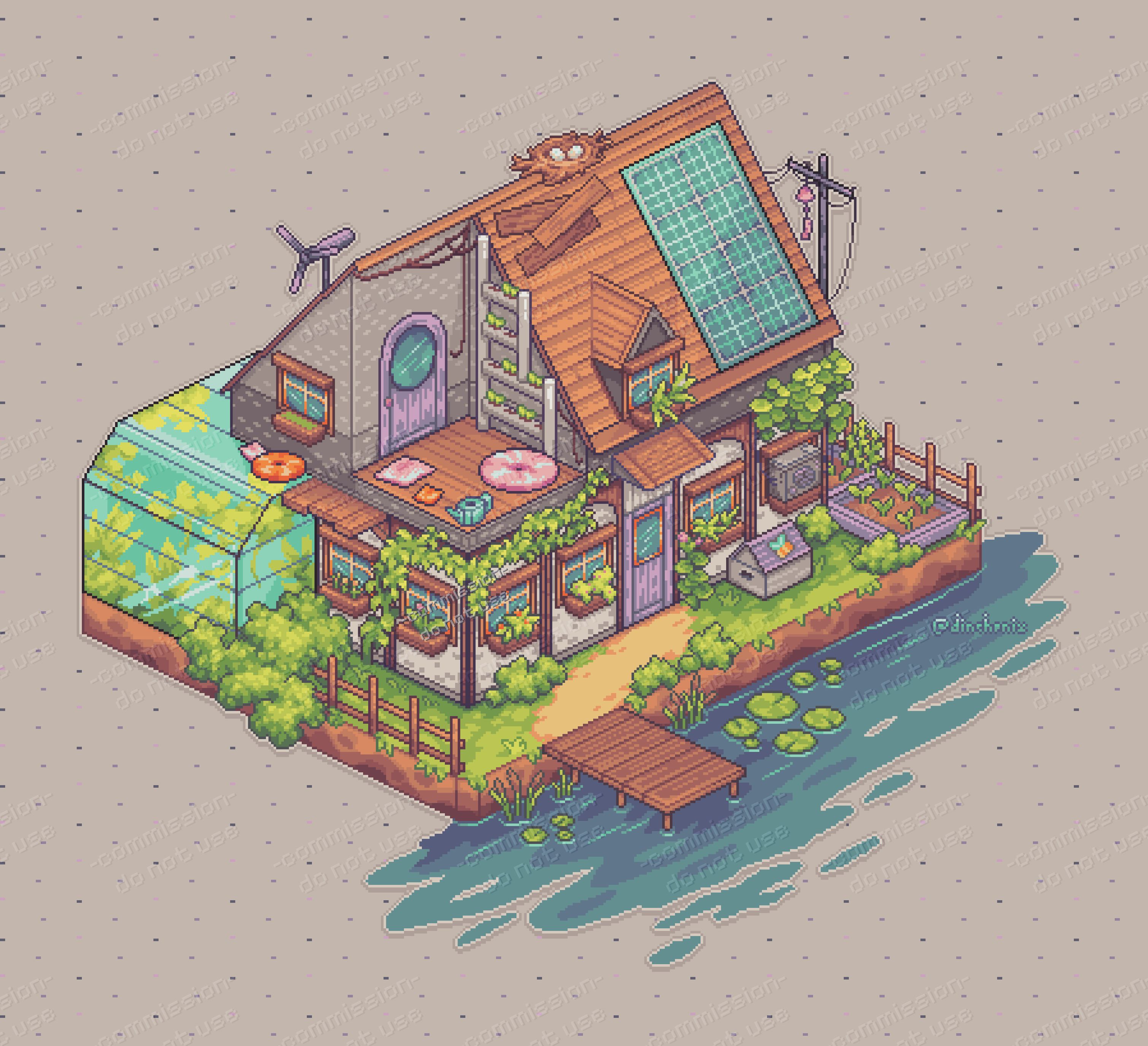 pixel art illustration of a isometric house, overgrown with plants and additions like hydroponic plant systems and solar panels