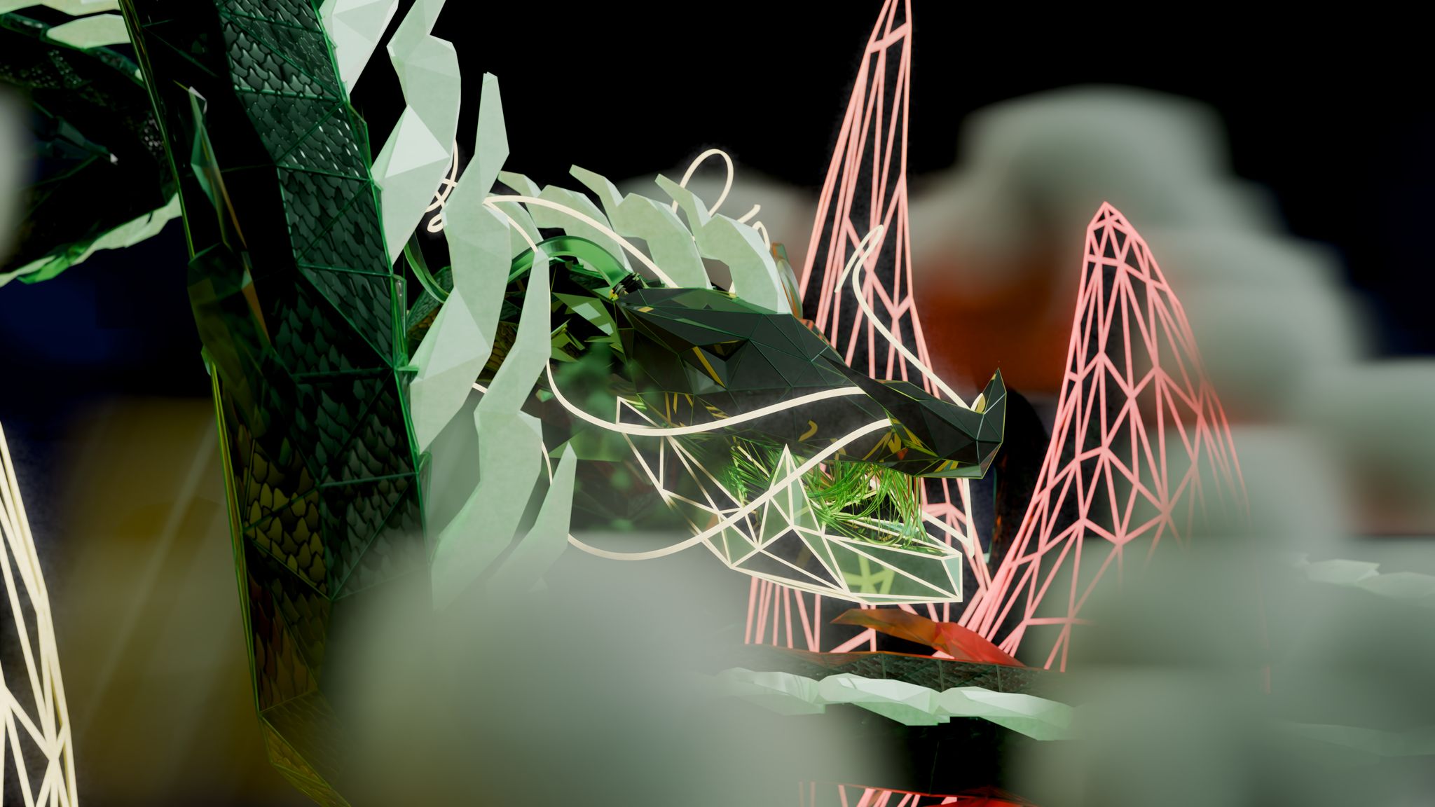 A very polygonal chinese dragon surrounded by vaguely blocky greenish fog. the dragon has glowing yellow whiskers, and geometric glowing lines on its jaw, with green spikes along its body. the background shows very polygonal spikes also outlined by their geometry. 