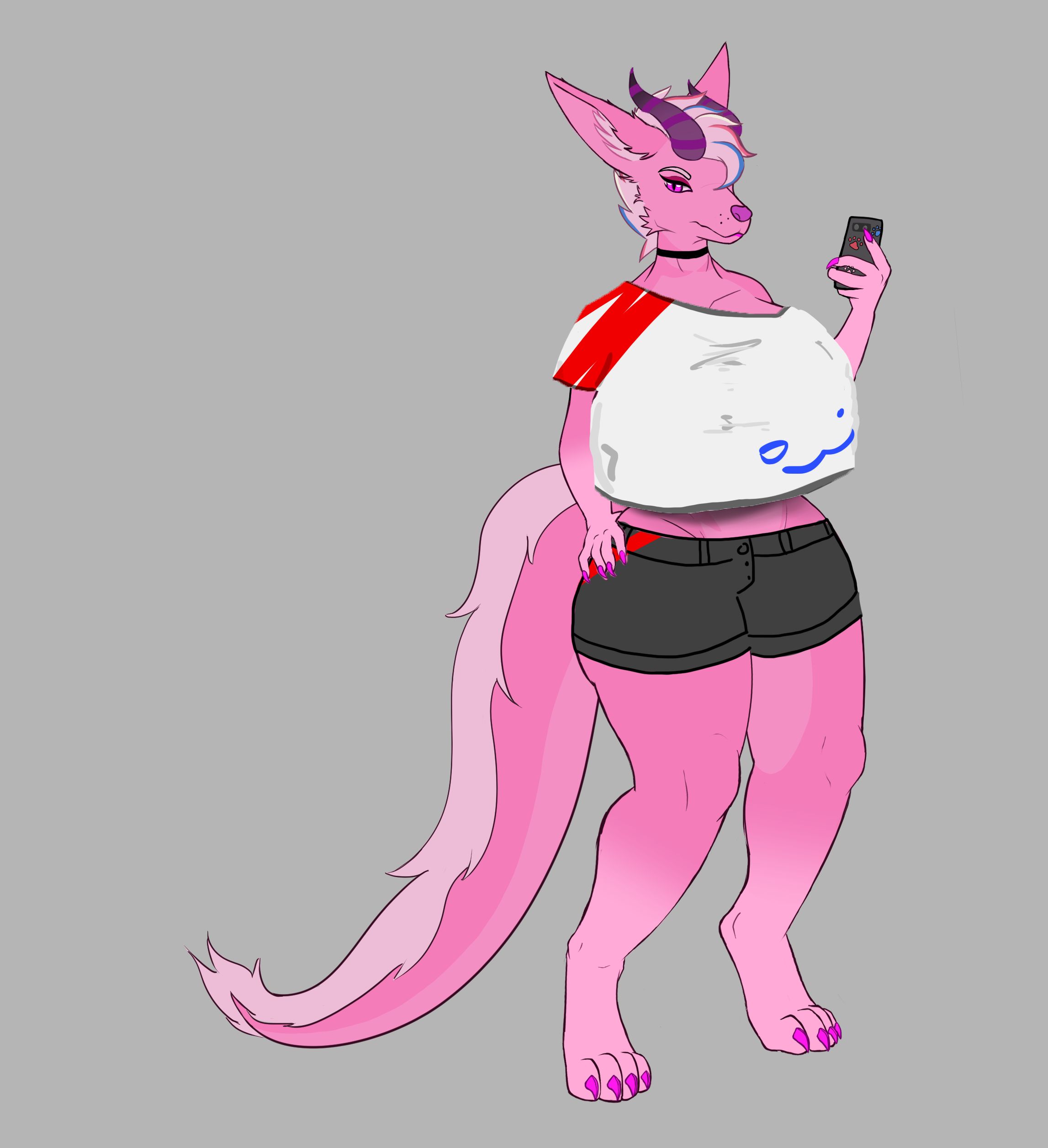 a pink foxdragon, a tall thick hybrid with big fennec-like ears, curvy dragon horns with stripes on them, a short lesbian looking haircut in pink/blue/white, and a complexion that looks both fox and dragonlike. she has huge tits and a thick furred tail with wide hips, as well as pink claws, pink eyes, and a little pink lipstick. she's wearing kira's best effort at drawing a cropped tshirt with a wide neck that leaves one shoulder and her collarbone uncovered, with a :3 drawn on the side and a splotch of red on one shoulder, and black short shorts with an askew red stripe. it looks spunky and cute :3