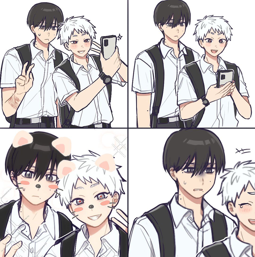 Two anime boys made a cat-eared selfie