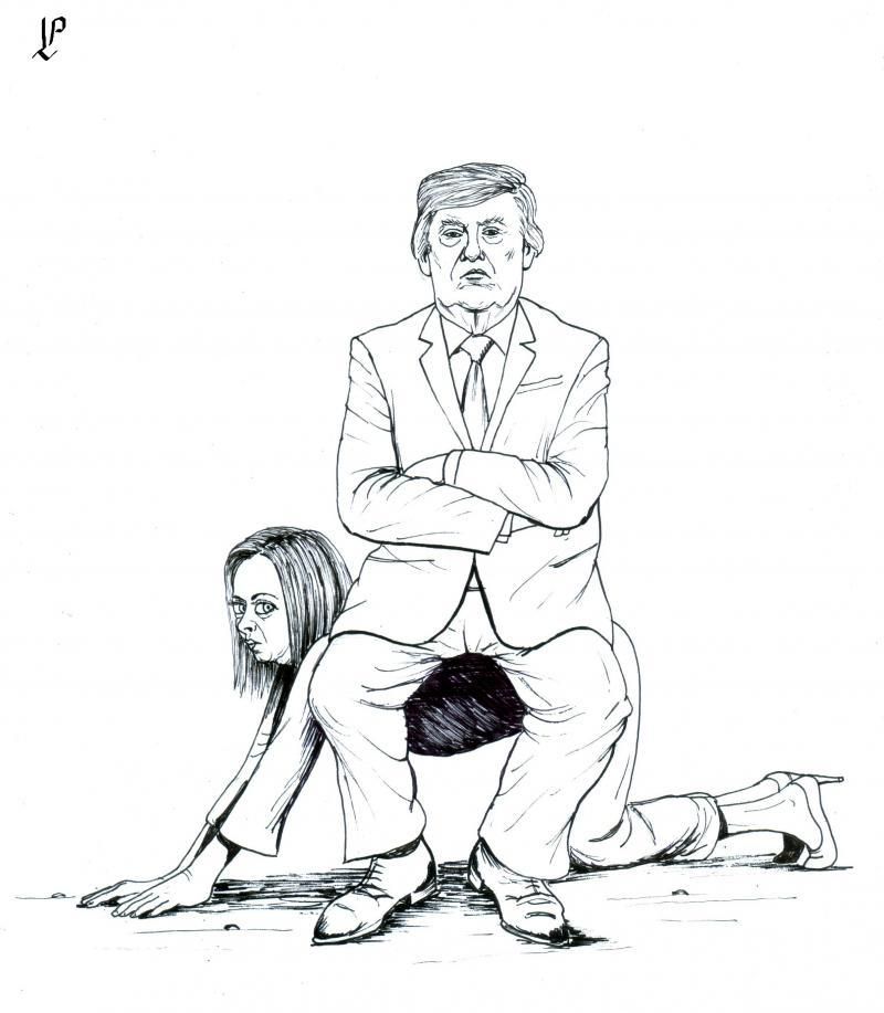 Disegno di Paolo Lombardi fatto apparentemente a penna. Raffigura Giorgia Meloni carponi a fare da sgabello per Donald Trump, seduto sulla di lei schiena e con le braccia conserte.