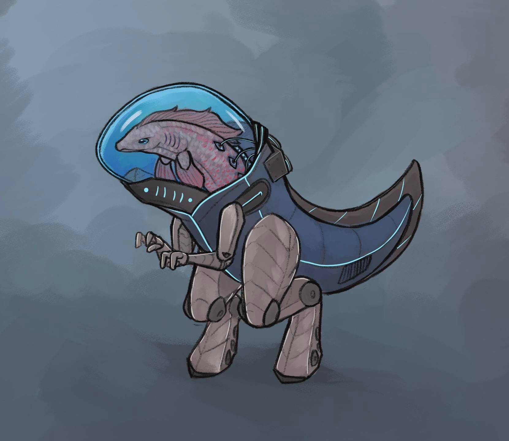fish in an environment suit with robotic arms and legs
