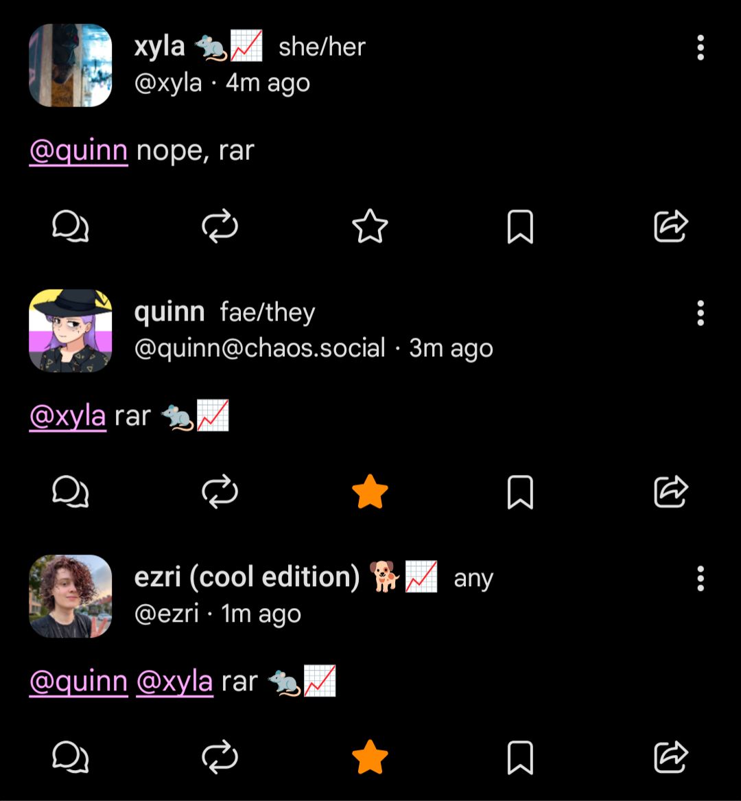 xyla: nope, rar
quinn: rar 🐀📈 
ezri: rar 🐀📈