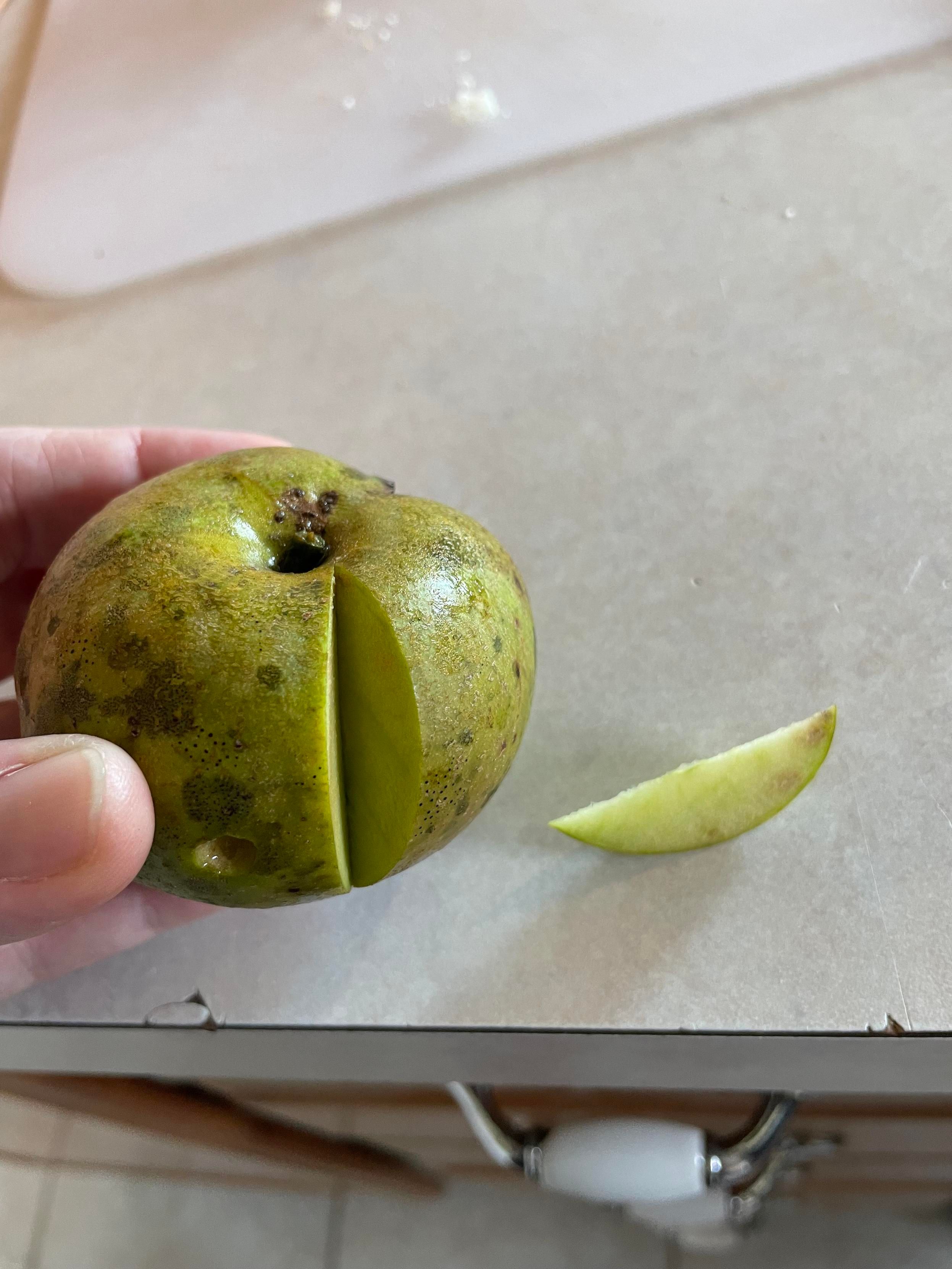 green orleans reinette apple with a slice out of it