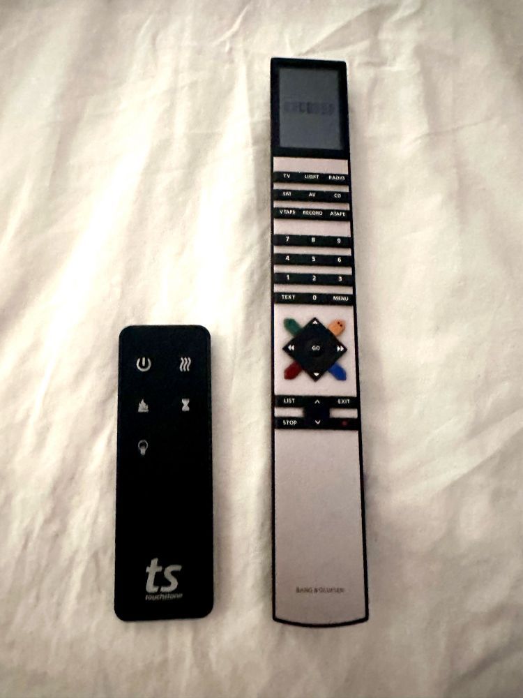 A tiny plastic remote with just five buttons vs a giant metal Bang & Olufsen remote with 35 buttons and a LCD display