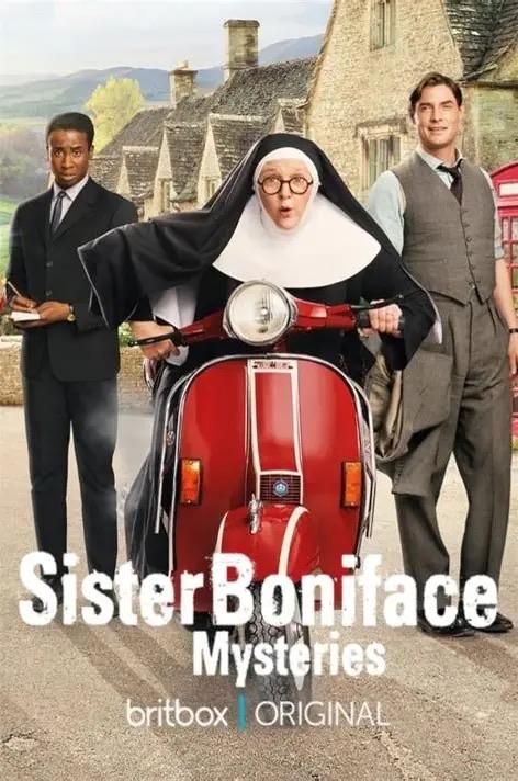 The image features three characters from the series "Sister Boniface Mysteries." A nun is riding a red scooter in the foreground, while two men stand beside her, one in a suit and the other in casual attire. The background includes a rural scene 