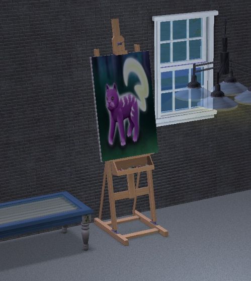 Screenshot of the same place in Sims 2 house, now with other picture on canvas. There is a purple cartoon cat, with glowing stripes on back and tail made of hook-shaped lightning, on dark blue-green background.