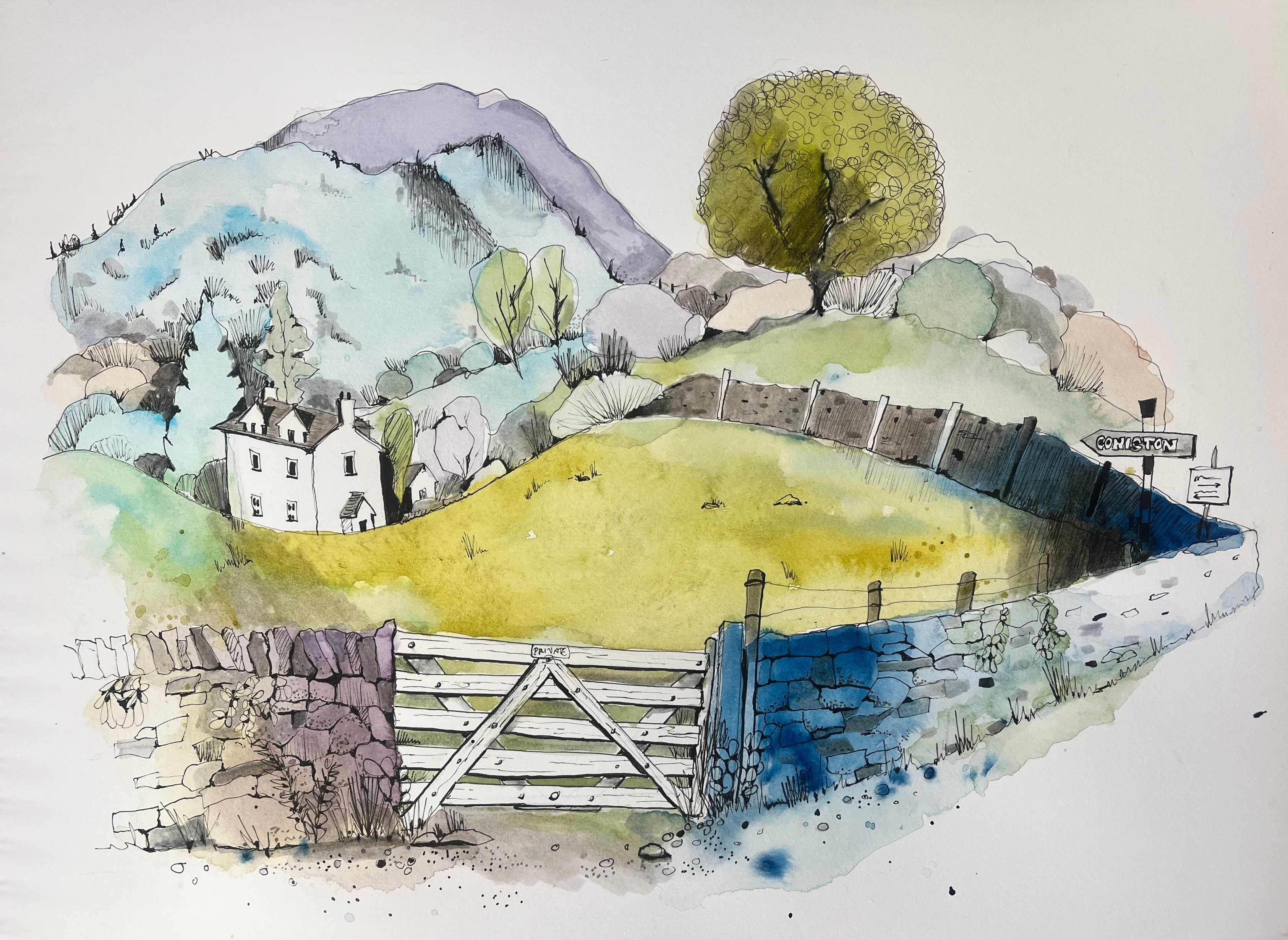 Landscape of a mountain in the background with a stone wall and gate in the foreground and a cute White House in the middle ground. 