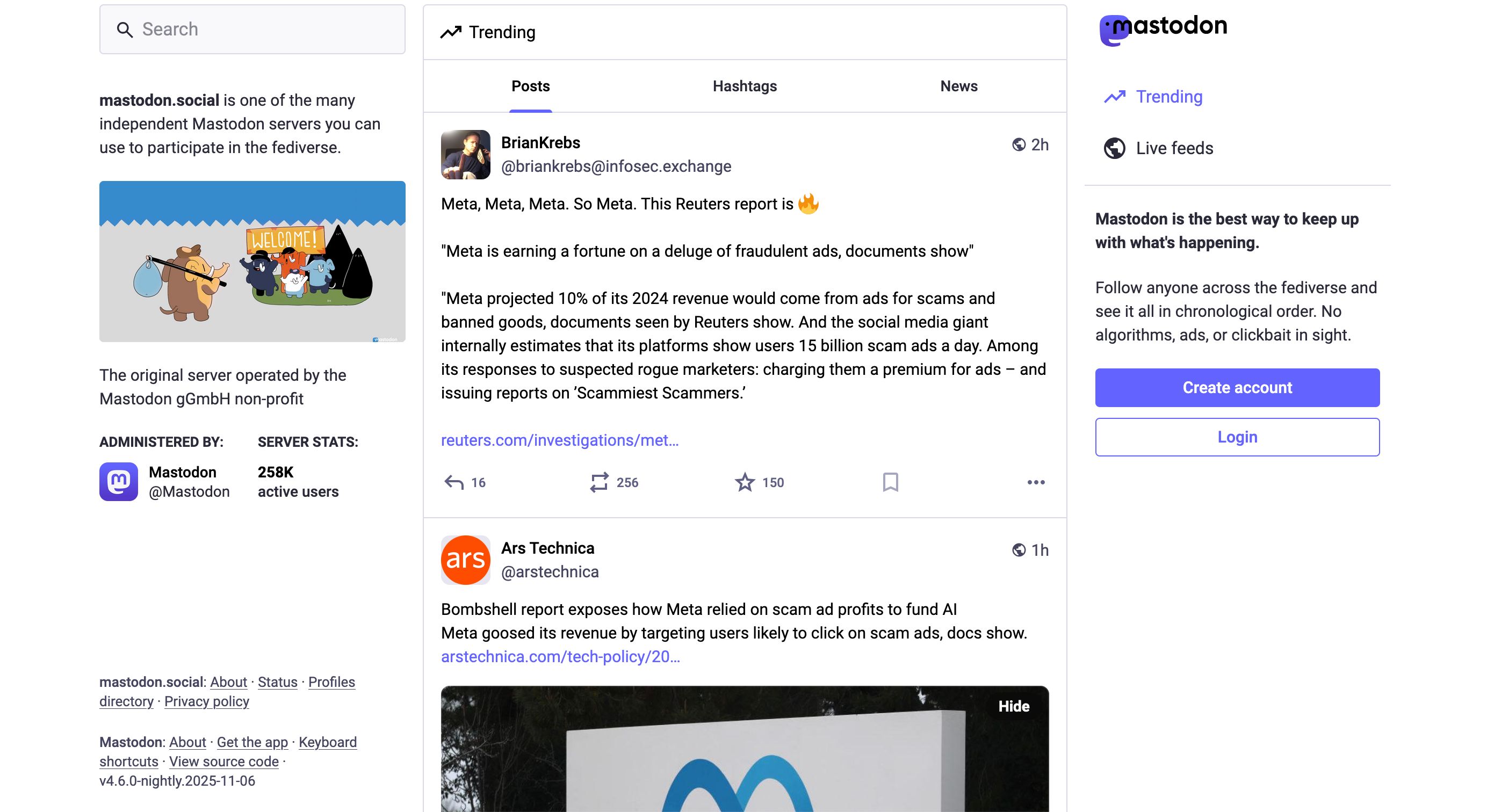 Screenshot of mastodon.social page, which shows trending posts. 