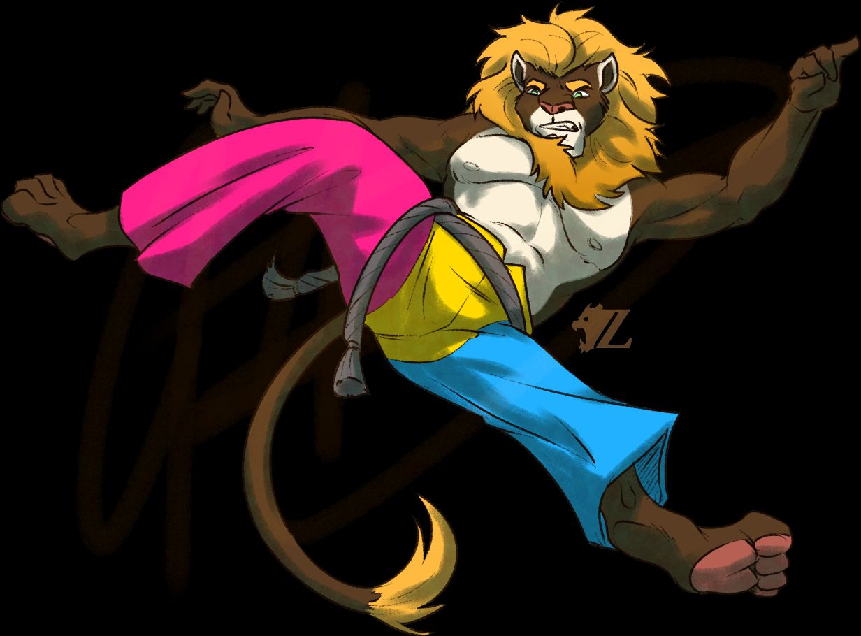 Aires, a male anthropomorphic lion with dark brown fur and a blonde mane, leaps in the air with a roundhouse kick, as if he is dancing. He simply wears a loose pair of pants in the colors of the pansexual pride flag, with a thick rope holding them up on his waist.