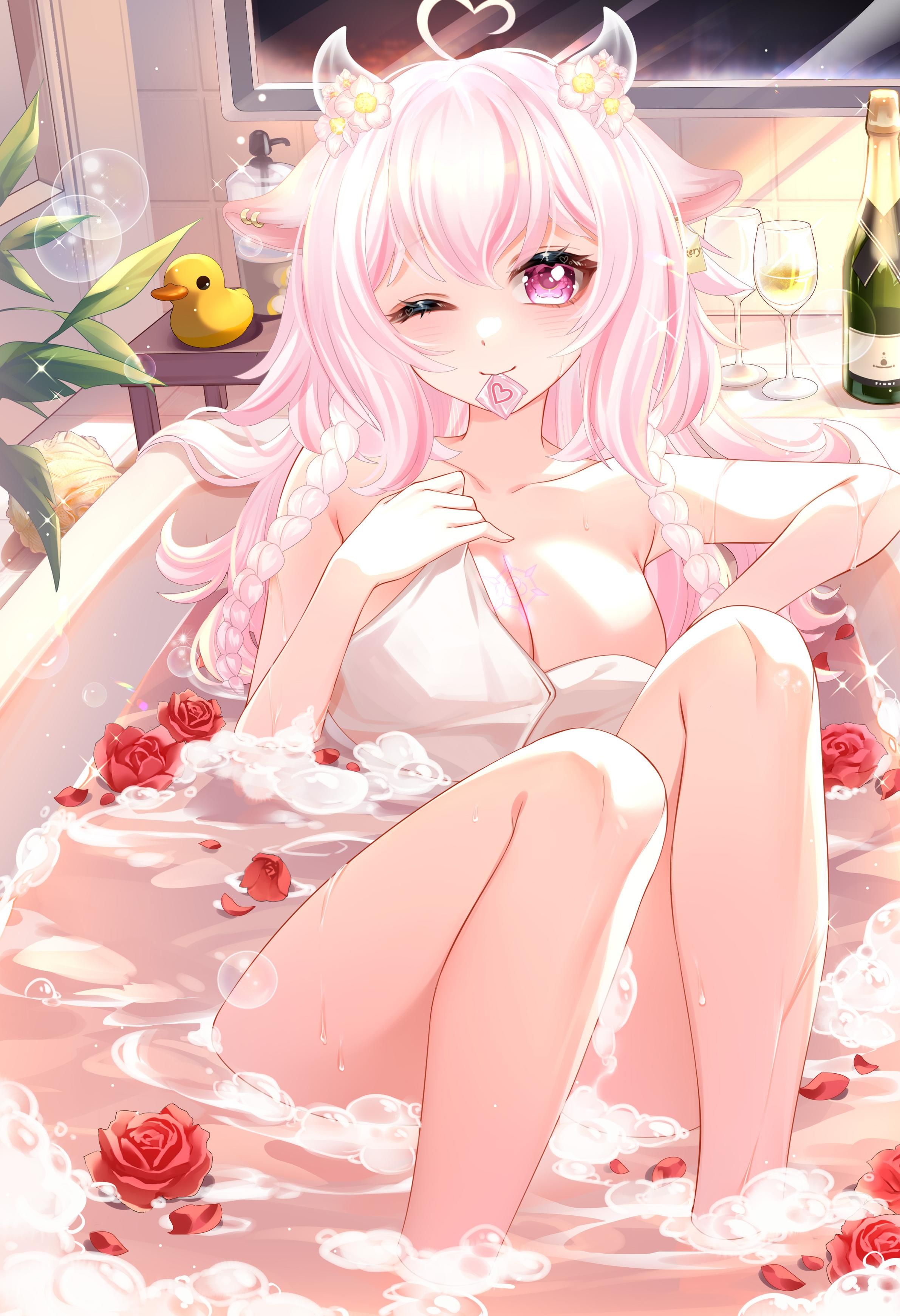 Anime cow girl with long pink hair and small horns relaxing in a bubble bath surrounded by rose petals and soft light. She’s wrapped in a white towel, winking playfully with a heart-shaped candy in her mouth. The cozy bathroom setting includes champagne glasses, candles, and a rubber duck nearby.