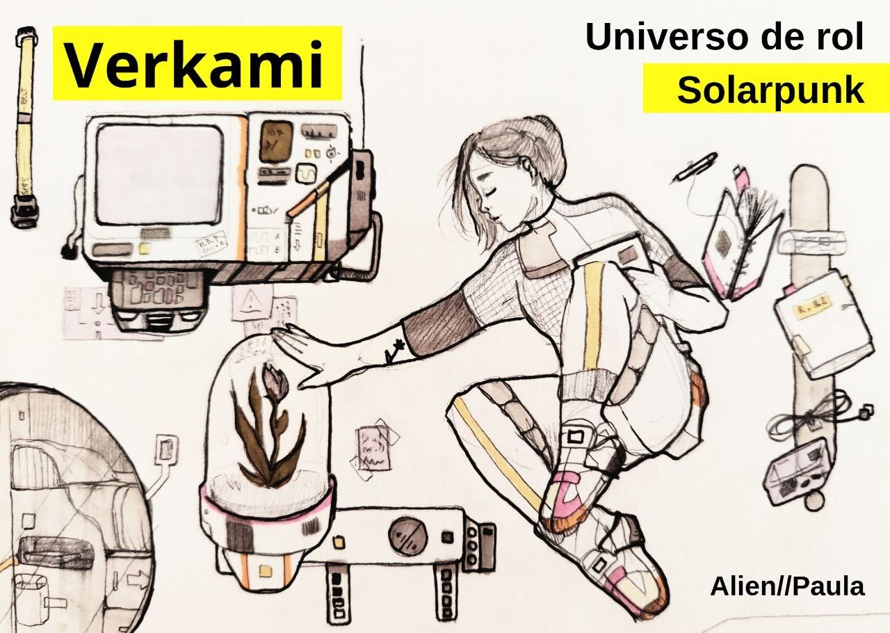 Portada del mecenazgo Universo de rol Solarpunk.

Dibujo de una astronauta en un entorno de ingravidez.

Autora: Alien//Paula