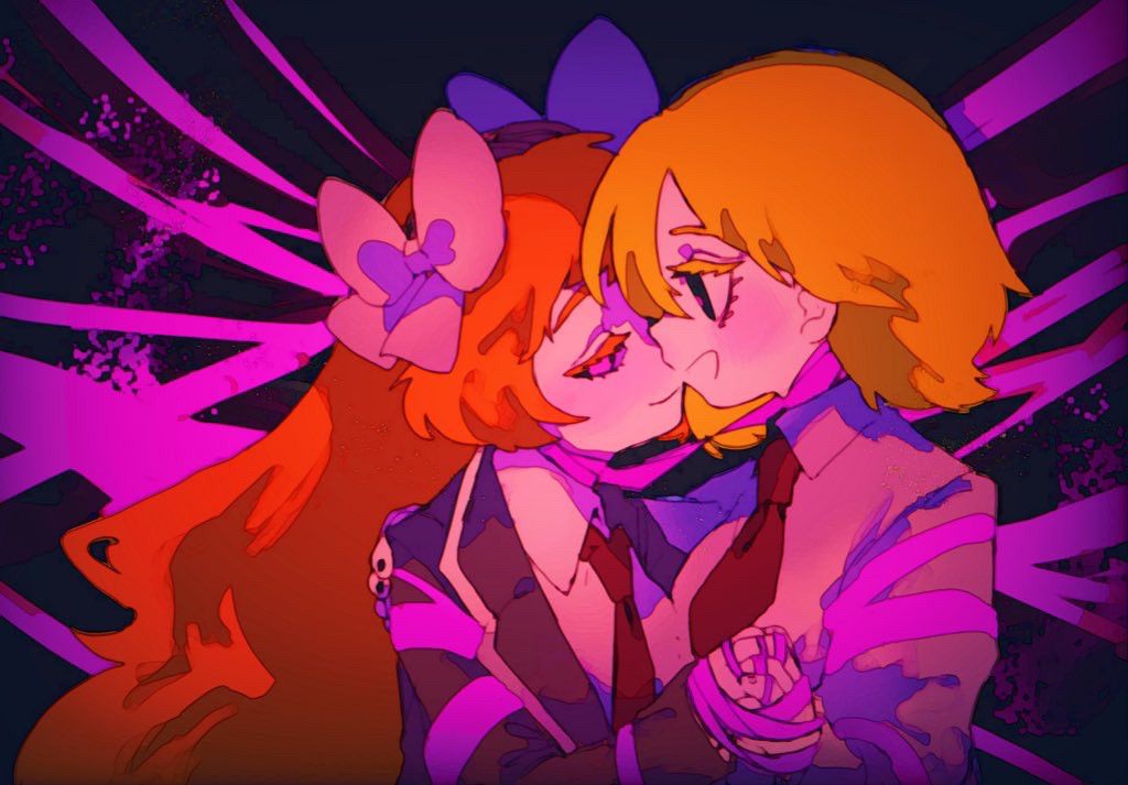 Danbooru tags: 2girls black_coat black_eyes bow closed_mouth coat collared_shirt commentary_request don_quixote_(project_moon) e.g.o_(project_moon) hair_bow holding_hands ishmael_(project_moon) limbus_company long_hair long_sleeves mochigome_138 multiple_girls necktie orange_hair pink_bow pink_eyes pink_ribbon project_moon red_necktie ribbon roseate_desire_(e.g.o) shirt short_hair sidelocks smile very_long_hair white_shirt wing_collar yellow_eyes yuri