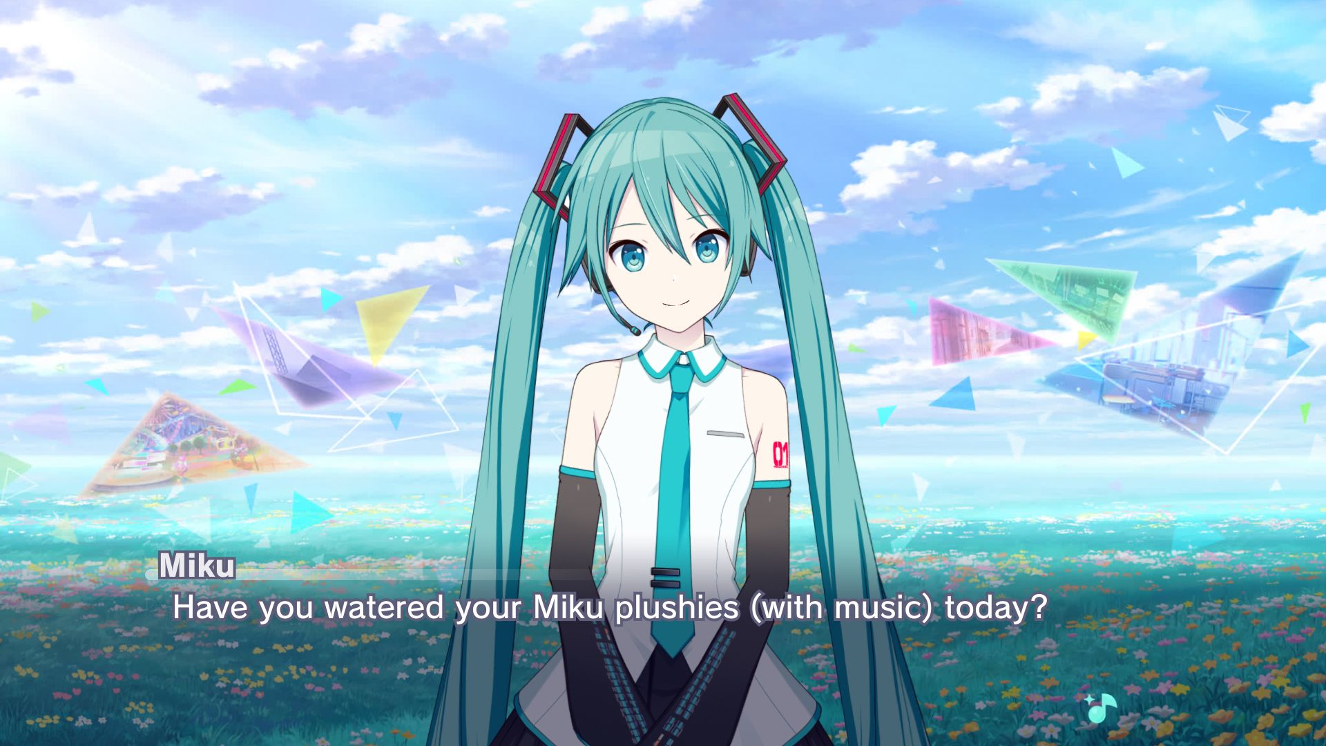 Made from Project Sekai's story board, in front of a flower field decorated with a few floating colorful triangles, Hatsune Miku says "Have you watered your Miku plushies (with music) today?"