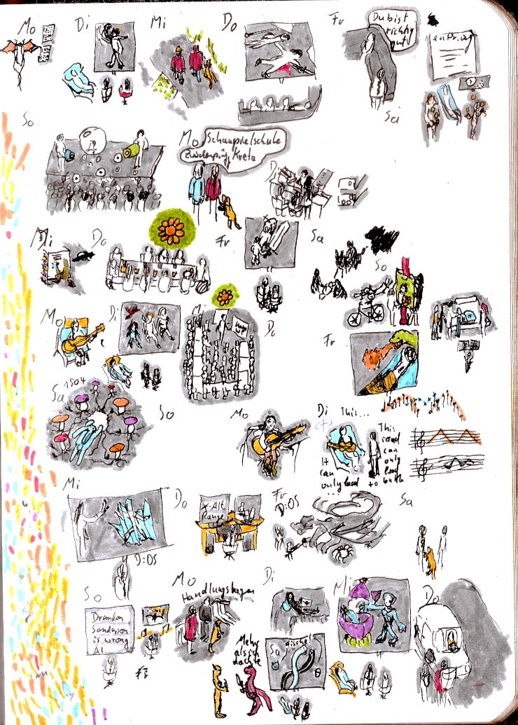 Rough, small sketches in ink with the best experience for almost every day in the timeframe.

The base is lineart in black and gray, often colored with sky blue, grass green, sun orange, or earth yellow as highlight-colors. On the side there is a streak of colors where I clean the pens after they take up black ink.

It starts with two tiny dragons facing each other. In three sketches people walk with a dog. Three show people with a sunflower on green, one of them placing a poster on a pole.

Several show people watching a video on a screen together.

One shows a rabbit jumping into a portal between mushrooms. Three show me singing with guitar, in one case not alone.

Close to the end there is a fight with a dragon and an elf talking to a red lizard.

Please take care of yourself. You are worthy of experiencing joy.