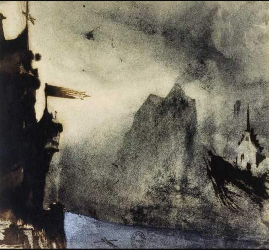 Victor Hugo, Le Rocher de l'Ermitage, dans un paysage imaginaire, 1855 (St. Helier, Jersey)
Dessin à plume, encre brune et encre de Chine, frottis de fusain, gouaches blanche et bleue 
© Bibliothèque nationale de France