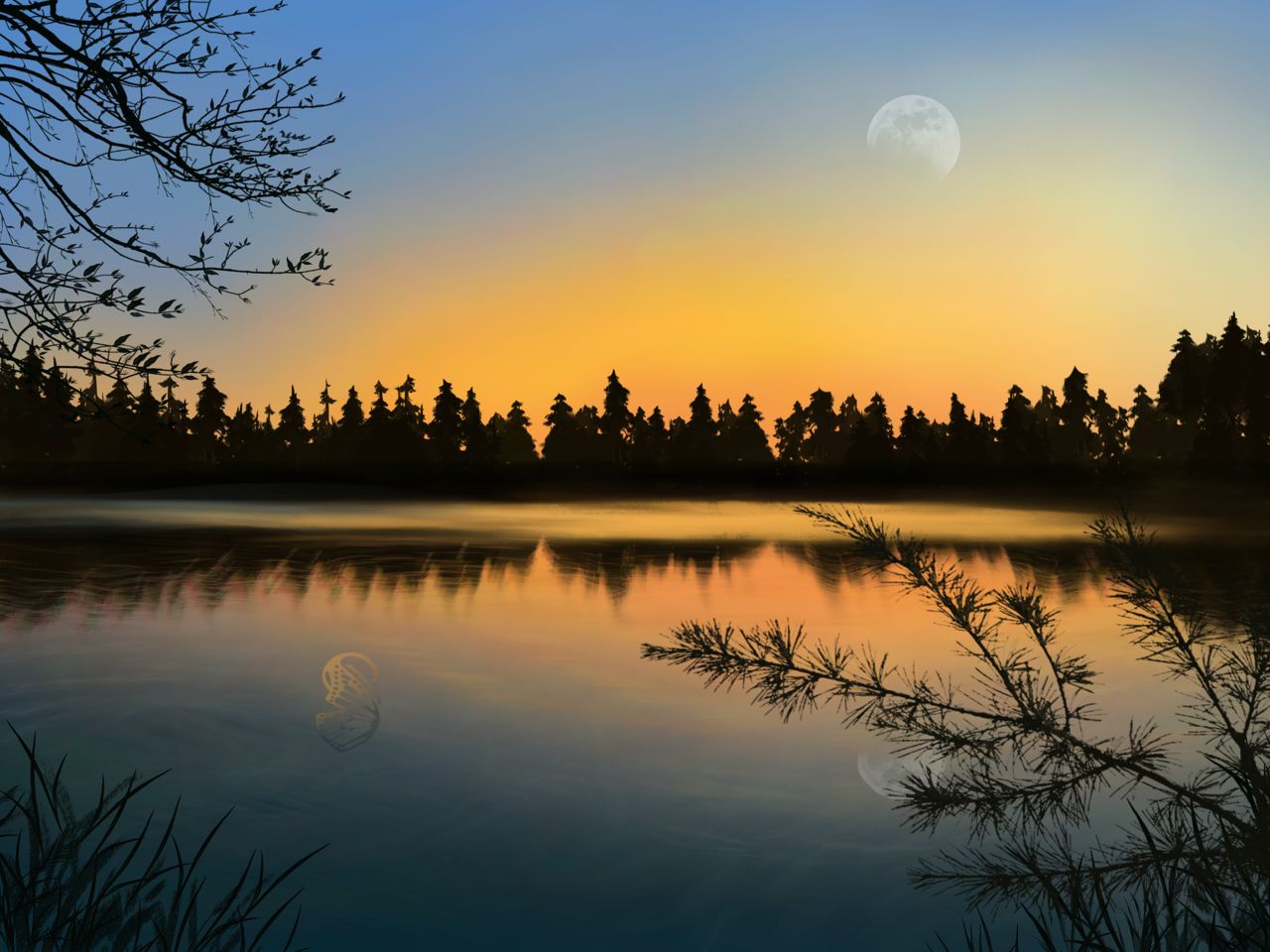 Digital painting of a sunset over Lost Lagoon in Vancouver, BC.
Silhouette of a tree line of evergreens in the horizon and reflected in the water.
The orange sky fades to blue where a hint of a near full moon can be seen to the right in the sky and reflected in the water.

Tree branches with baby leaves lean over from the top left.
A pine tree branch is poking up from the bottom right. Tall grass on both bottom corners.