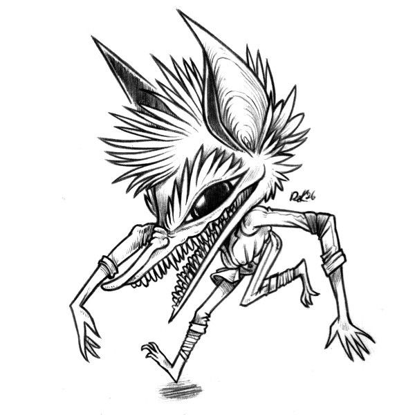 an ink drawing of a goblin-esque creature named Hlynur, they appear to be running. They have bat-like ears, furred brows and head, a very long nose and snout, tiny teeth of different lengths, they have very long skinny limbs.