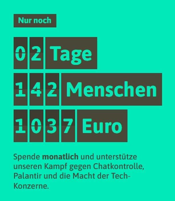 Grüne Grafik mit folgendem Text: "Nur noch 2 Tage | 142 Menschen | 1037 Euro. Spende monatlich und unterstütze unseren Kampf gegen Chatkontrolle, Palantir und die Macht der Tech-Konzerne."