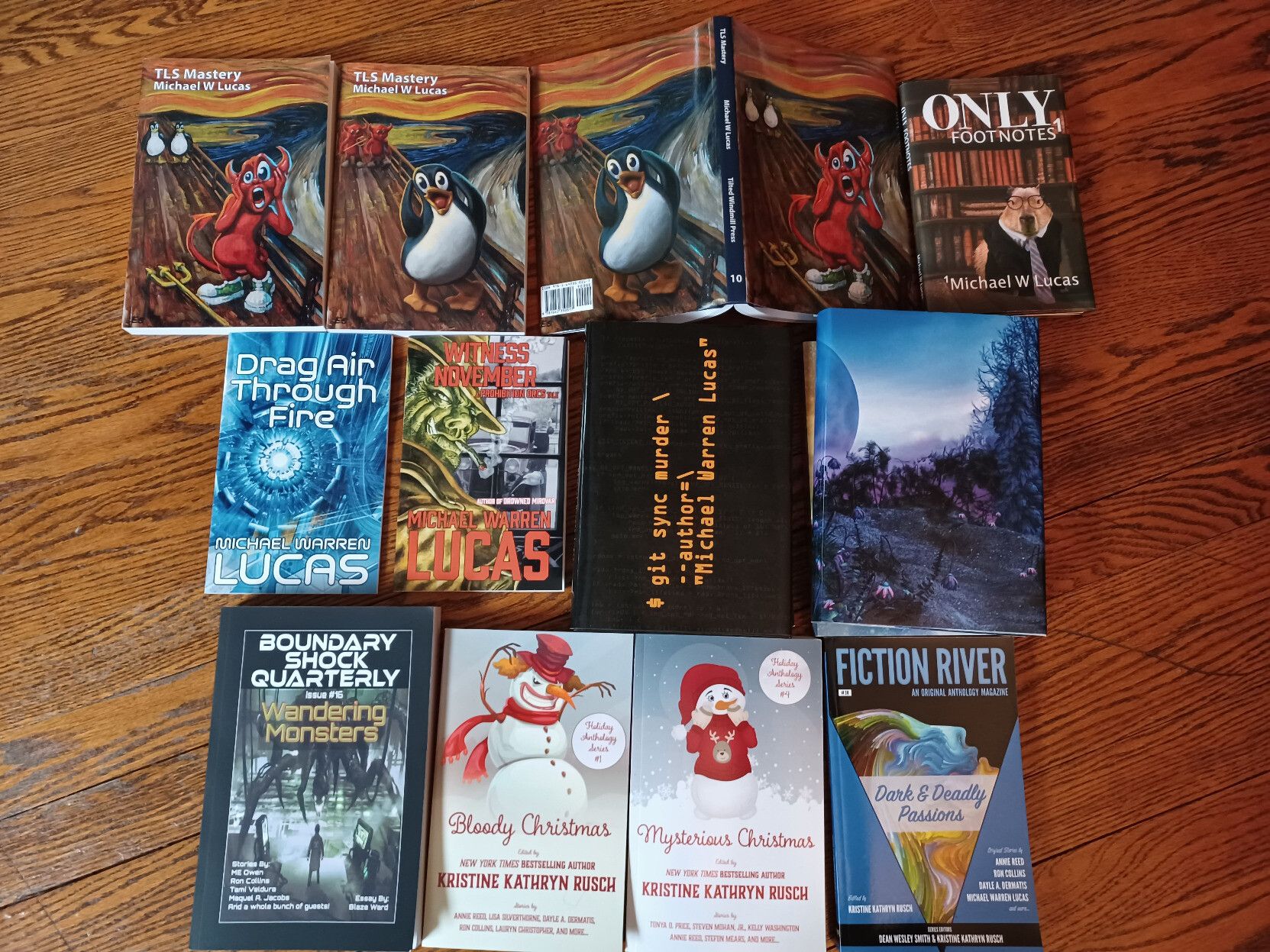 2021. One tech book, "TLS Mastery," in Beastie, Tux, and combined (hardcover) editions. One novel, "$ git sync murder." One omnibus, "Aidan Redding Against the Universes." One April Fools' collection, "Only Footnotes," containing all the footnotes from prior tech books. Two chapbooks, four anthologies.