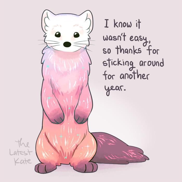 A drawing of a ferret colored like a sunrise. The caption reads, "I know it wasn't easy, so thank for sticking around for another year."