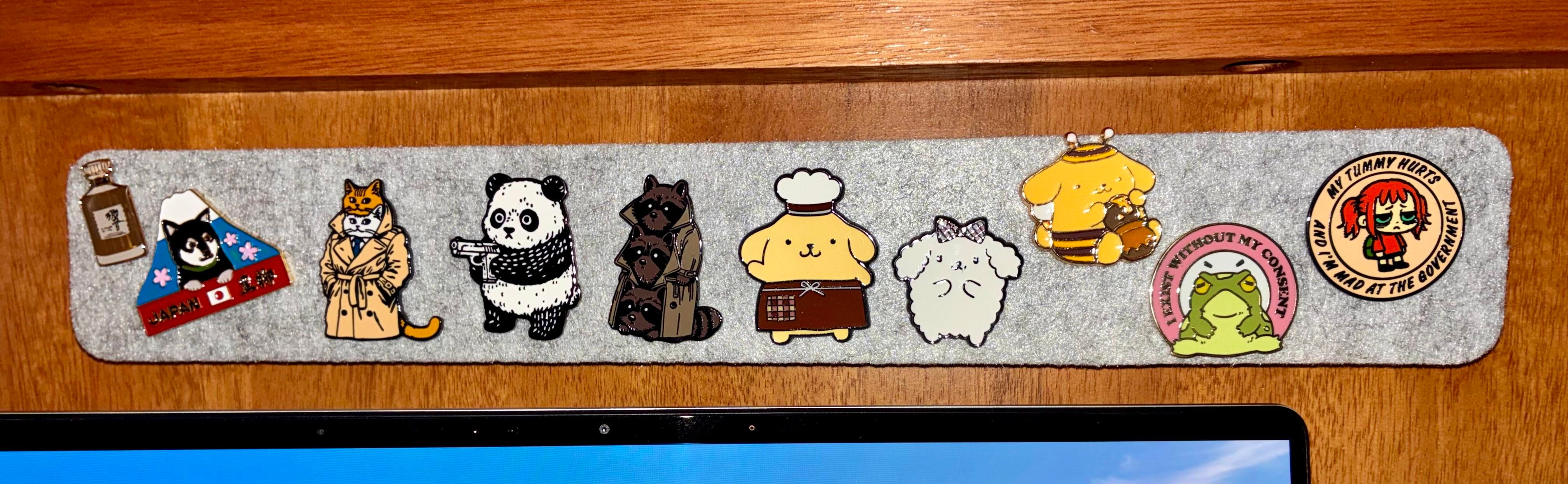 A collection of pins, focused on the "My Tummy Hurts and I'm Mad at the Government" pin featuring a sad looking girl.