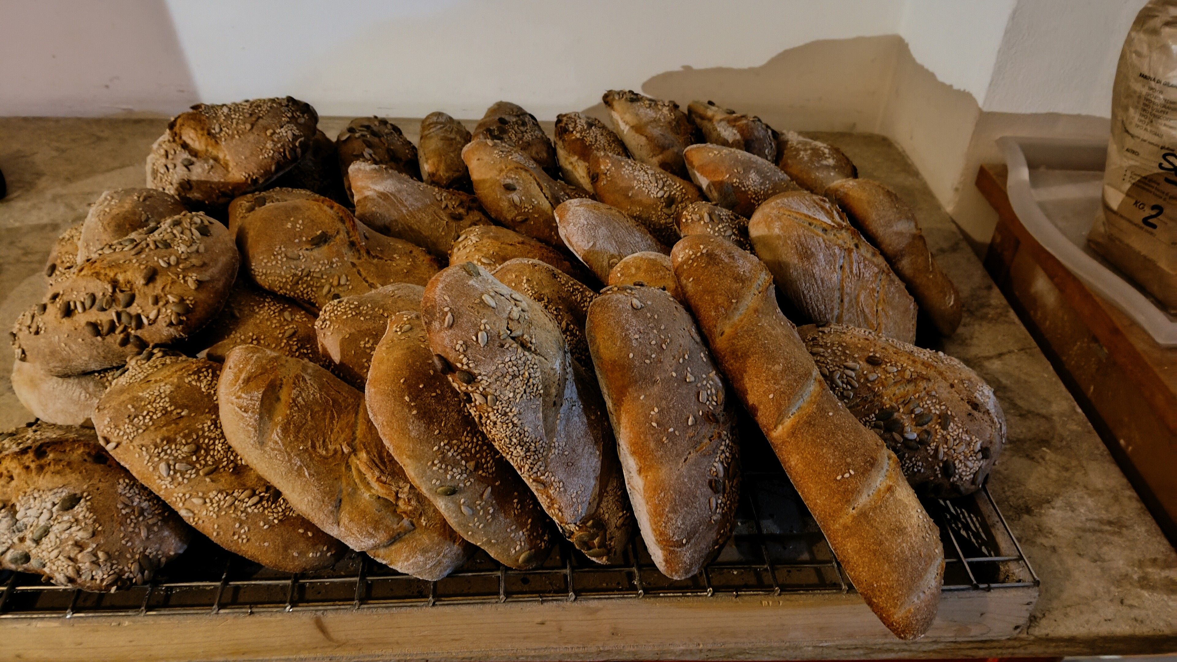 Una ventina di pagnotte di pane rustico con i semi disposte di taglio su un vassoio gigliato