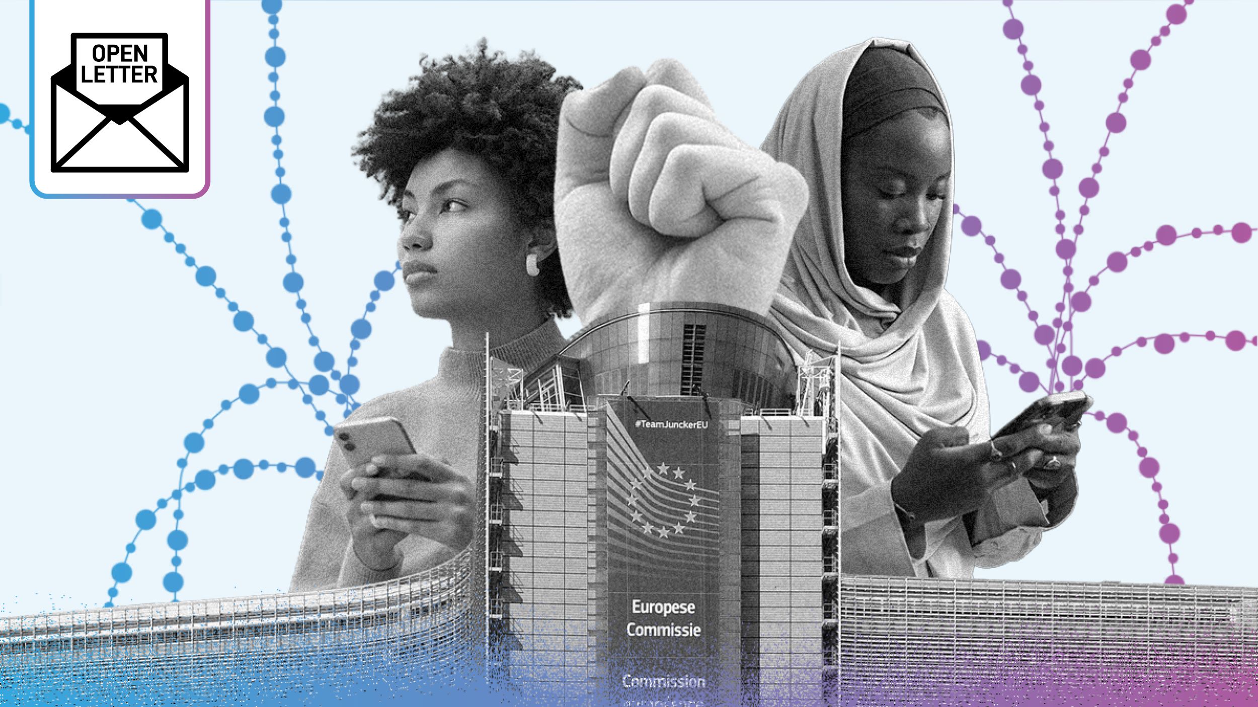 European Commission's building with two women in the background, and a raised fist