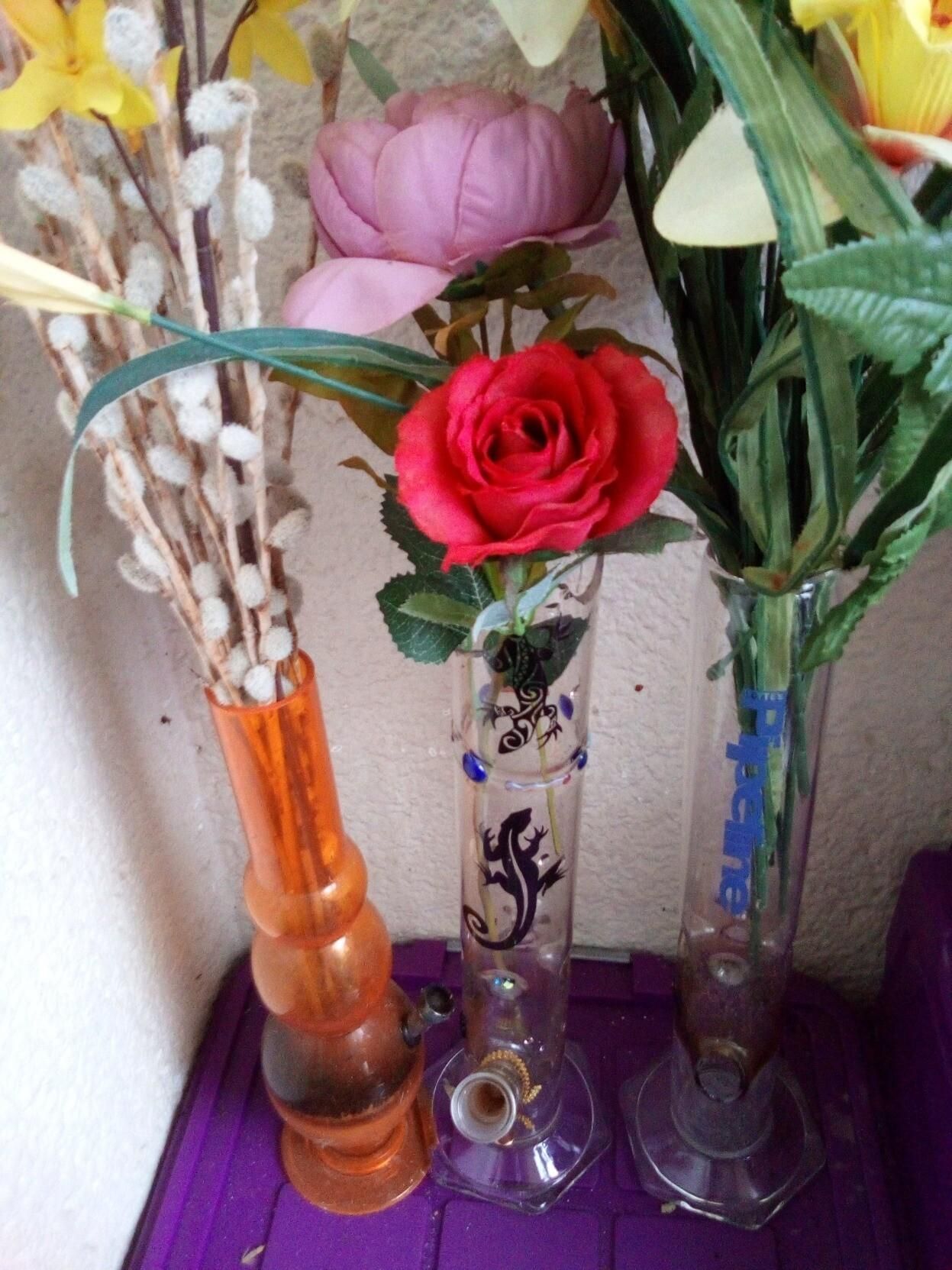 Broken bongs repurposed as vases for plastic flowers. 