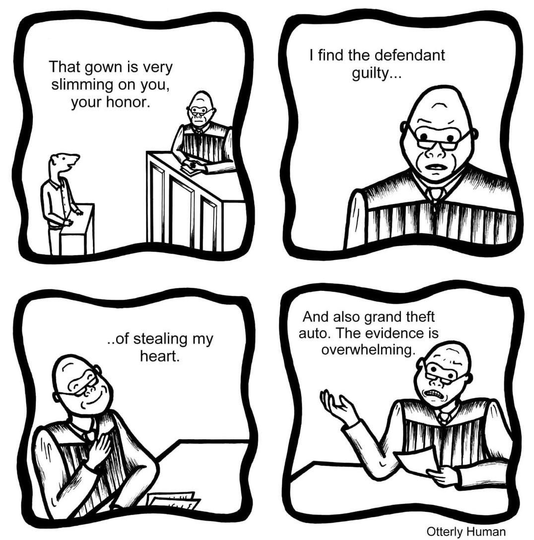 1 Defendant: That gown is very slimming on you your honor.
2 Judge: I find the defendant guilty of stealing my heart.
3 Judge: and also of grand theft auto. The evidence is overwhelming.