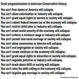 Great prognostications in American Conservative history.

You can't free slaves or America will collapse.
You can't allow unionization of industry will collapse.
You can't grant equal rights to women or society will collapse. 
You can't collect federal income tax o the economy will collapse. 
You can't restrict child labor or industry will collapse.
You can't enact social security of the economy will collapse.
You can't enforce a minimum wage or industry will collapse.
You can't permit interracial marriage or society will collapse.
 You can't allow communism or America will collapse.
You can't end segregation or society will collapse.
You can't create Medicare or the economy will collapse.
You can't grant equal rights to minorities or society will collapse. 
You can't regulate pollution or industry will collapse.
You can' teach about AIDS or society will collapse.
You can't raise the debt ceiling or the economy will collapse.
You can't legalize gay marriage or society will collapse. 
