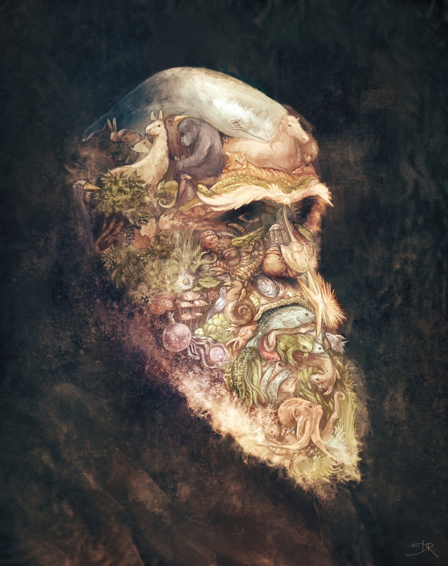 A digital painting: a portrait of Charles Darwin but the portrait is made up of many species from the evolution, kind of like a modern take on Giuseppe Arcimboldo's style, but with a twist.