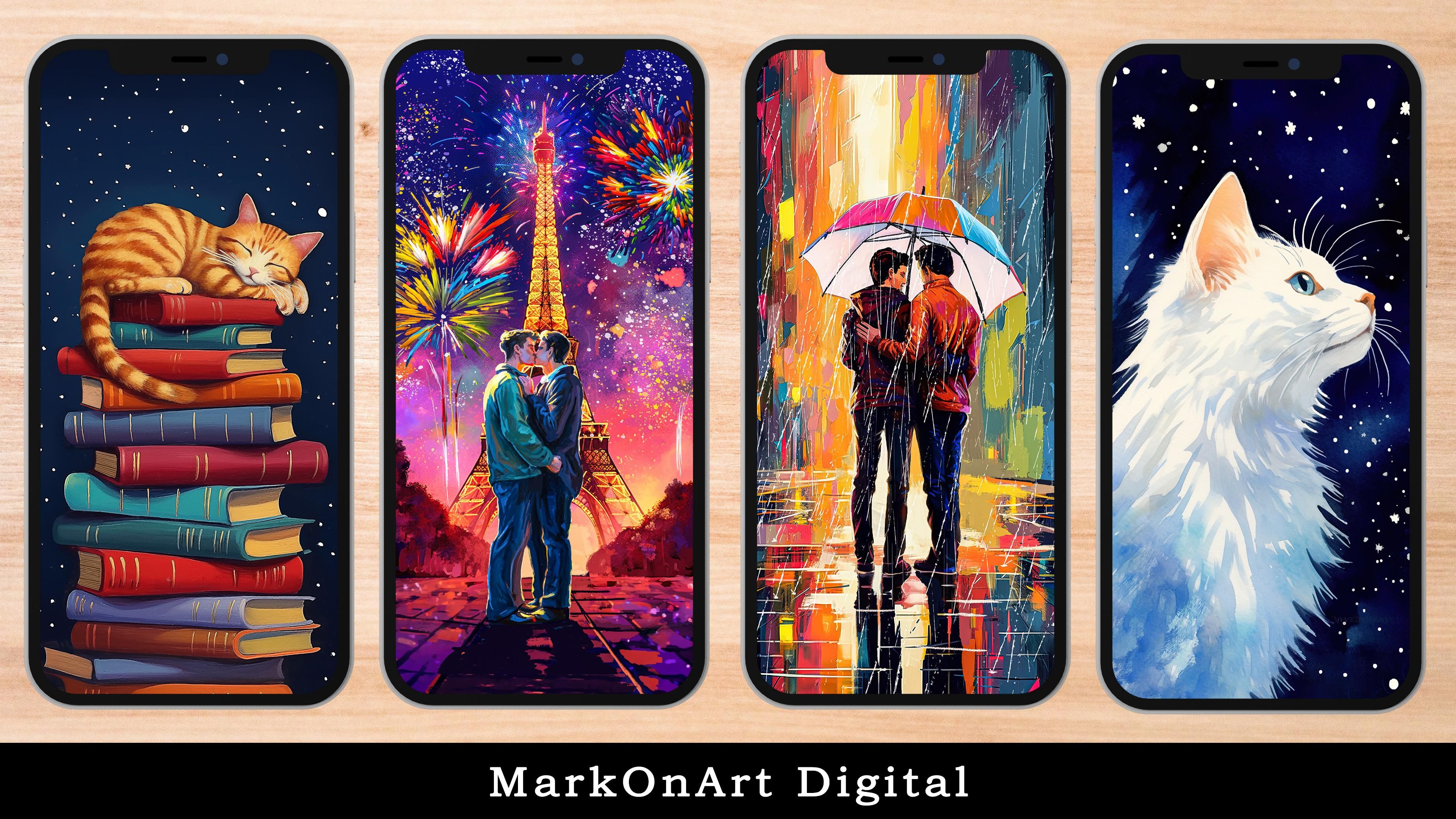 Mockups of four mobile phones on a light wood surface. Each phone screen has a different colorful wallpaper. 
Phone 1 - Orange cat sleeping on a stack of books. 
Phone 2 - Two men kissing in front of the Eiffel Tower with fireworks in the sky. 
Phone 3 - Two men together under an umbrella in the rain with a colorful backdrop. 
Phone 4 - A fluffy white cat seen in profile against a night sky background. 