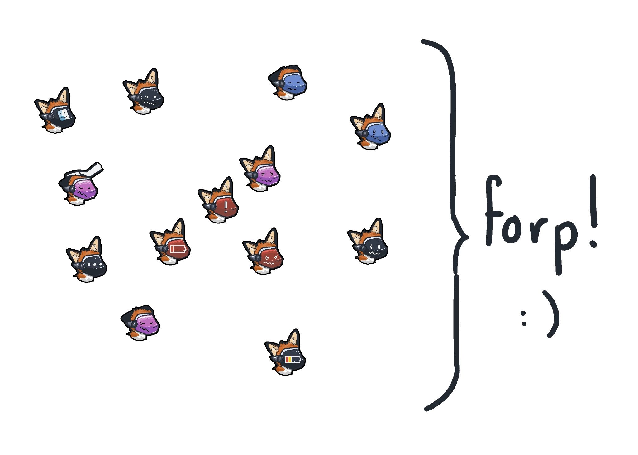 A picture of a bunch of protogen foxes haphazardly placed onto a screen. To the right is a left-facing curly bracket. Next to it is the text "forp! :)"