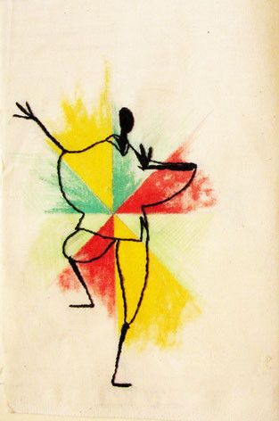 Dessin, en broderie noire, d'un personnage très stylisé portant un pantalon et une sorte de sweat large à capuche. La silhouette a été brodée sur un fond jaune, vert et rouge ; les couleurs se découpent en plusieurs angles qui, égaux et collés les uns aux autres, convergent au milieu de la figure, donnant un effet de mouvement et de dynamisme.