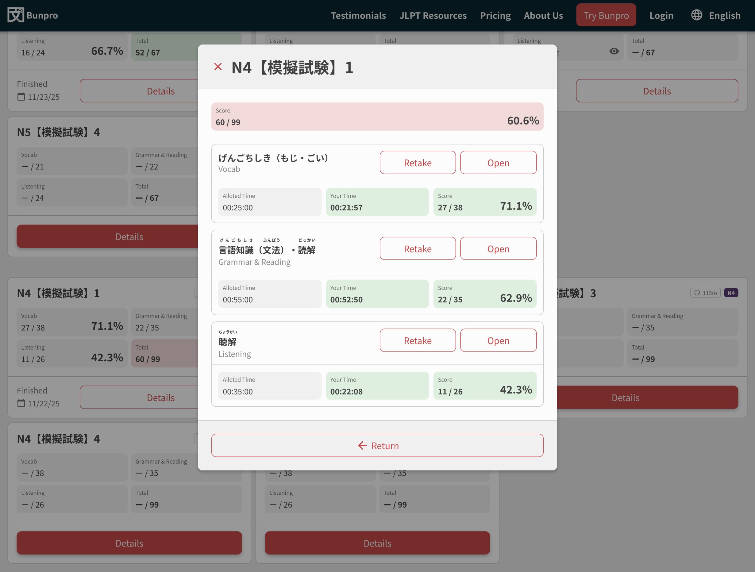 Screenshot of the results page of a mock test.