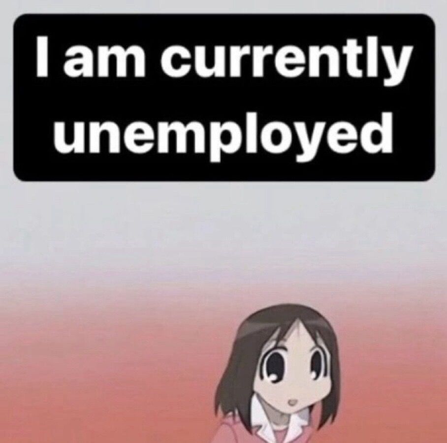 picture of an anime girl with a confused pleading face, with the caption "I am currently unemployed"
