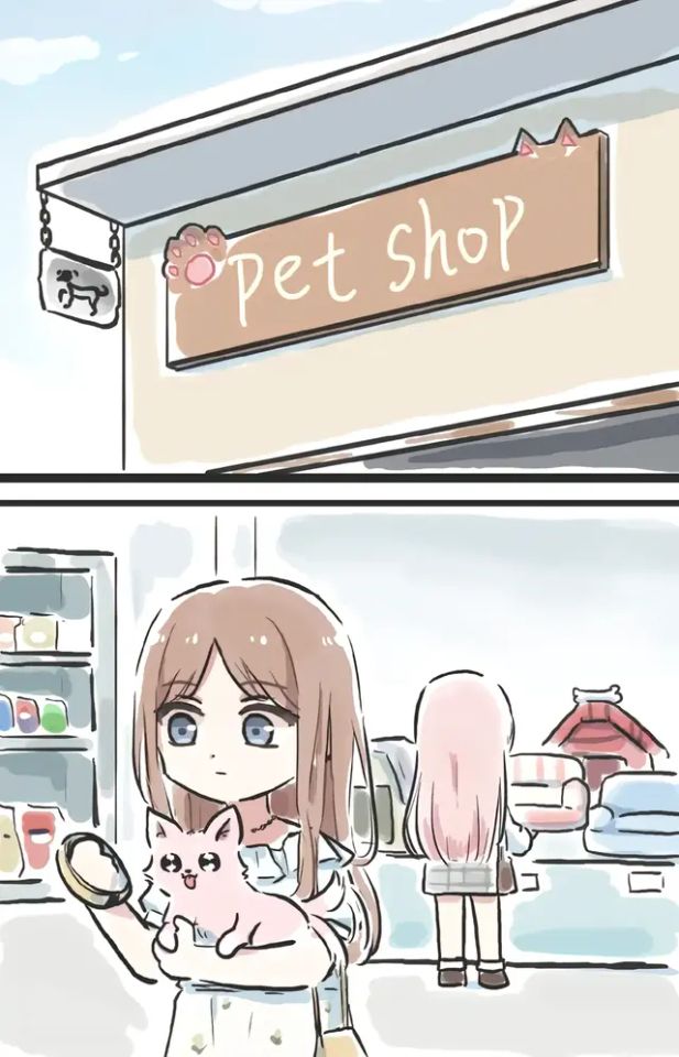 the same two girls are going to a pet shop, and are shopping for pet supplies while one is holding the puppy