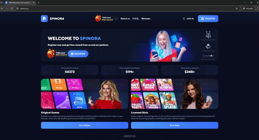 A screenshot of the fake gambling site spinora dot cc, which features attractive young women holding or throwing cards, or just smiling at the camera.