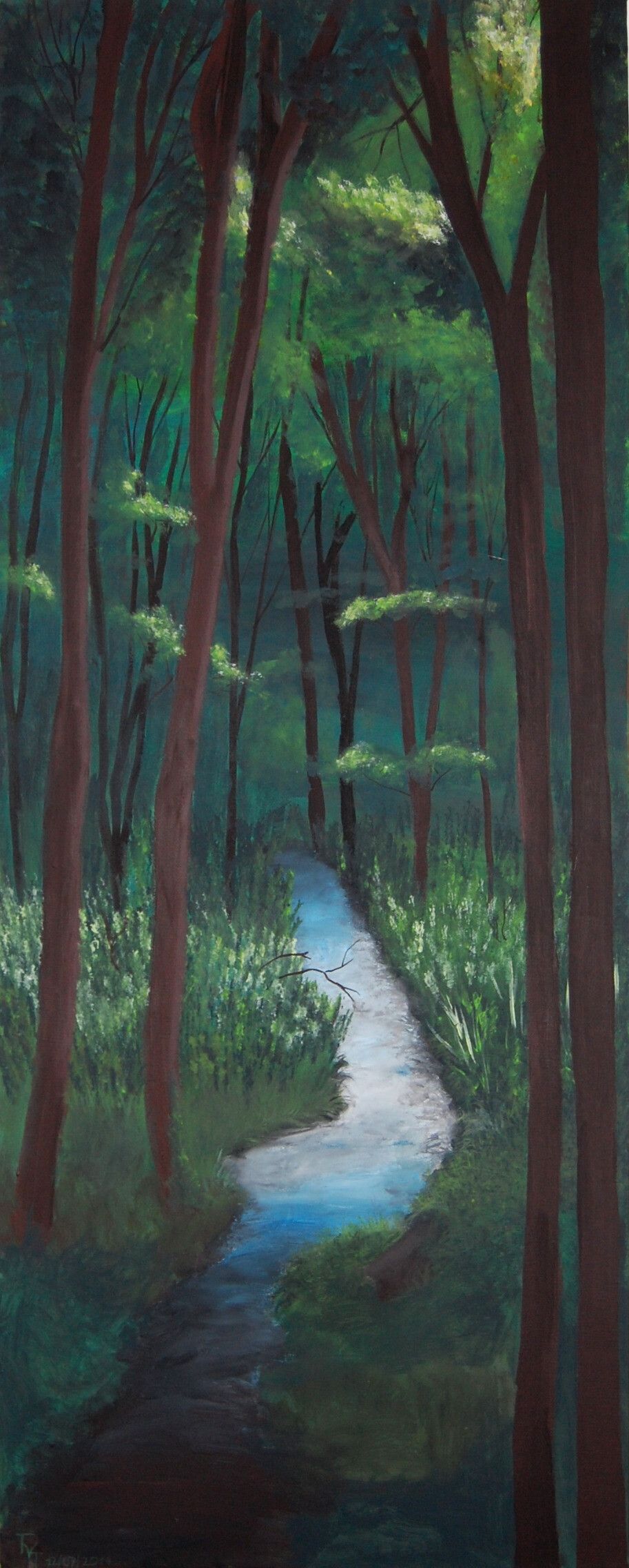 Another acrylic painting of a stream in a forest. This one is vertical and higher than wide.