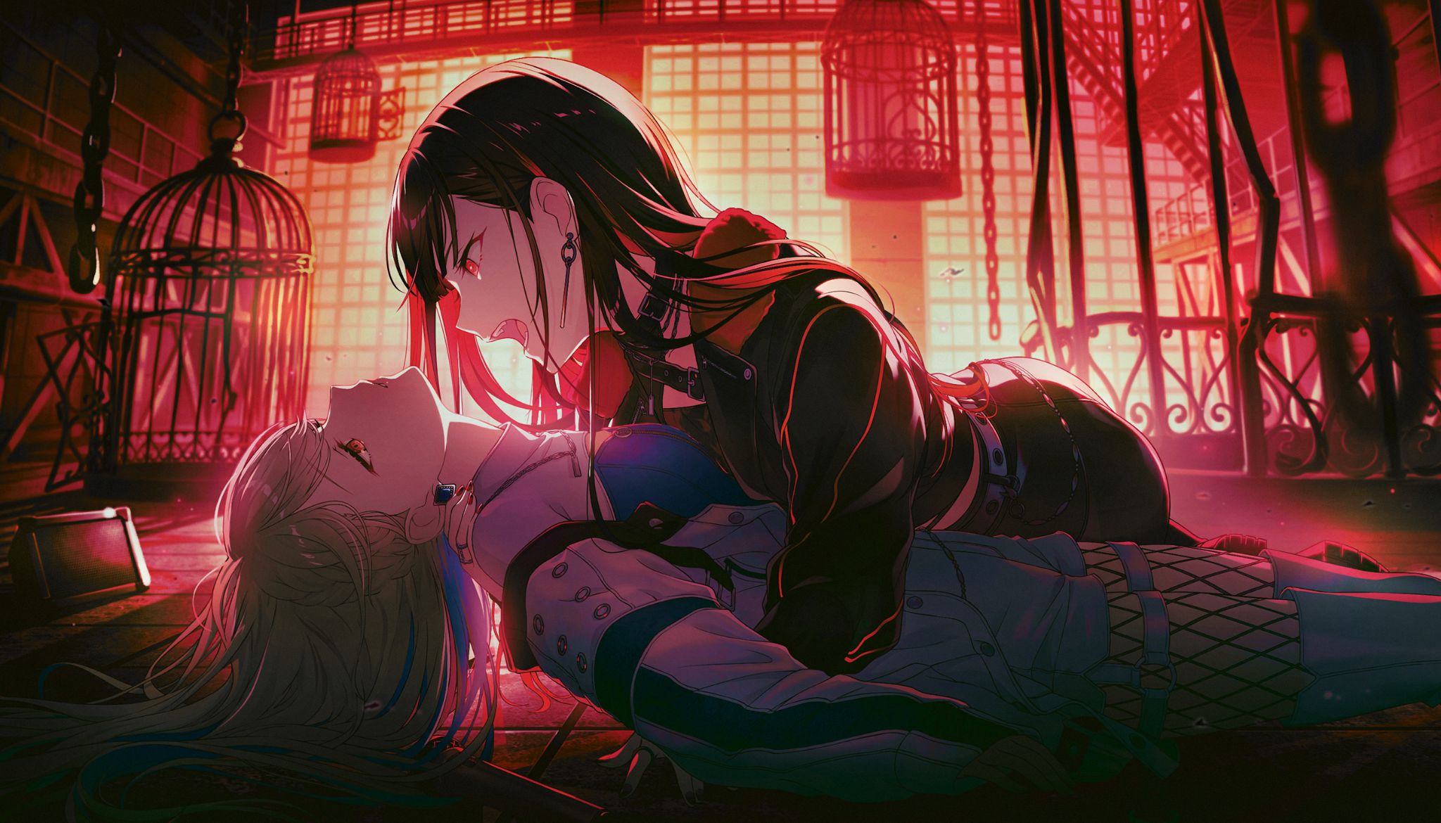The image depicts a dramatic scene with two characters in an intense moment. The background is bathed in a red hue, creating a dramatic and intense atmosphere. The setting appears to be an industrial or gothic-style room with large windows and birdcages hanging from the ceiling, adding to the scene's dramatic effect.

In the foreground, a character with long black hair is leaning over another character who is lying on the ground. The character on top is wearing a black jacket with red accents and has a serious expression. The character on the ground has long blonde hair and is wearing a white outfit with blue accents and fishnet stockings. The two characters are in close proximity, with the character on top appearing to be in a dominant position, looking as if she is about to suck the blood out of the lower character in a sapphic, vampiric fashion.

The lighting is focused on the characters, with the red light casting shadows and highlighting their features. The overall composition emphasizes the tension and drama of the scene.