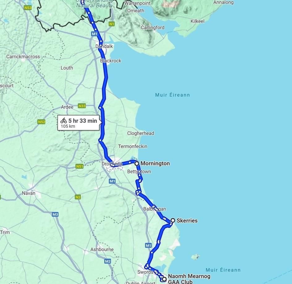 Screenshot of mapped route for day one of the Dublin to Belfast Cycle for Palestine, on 16 August 2025.