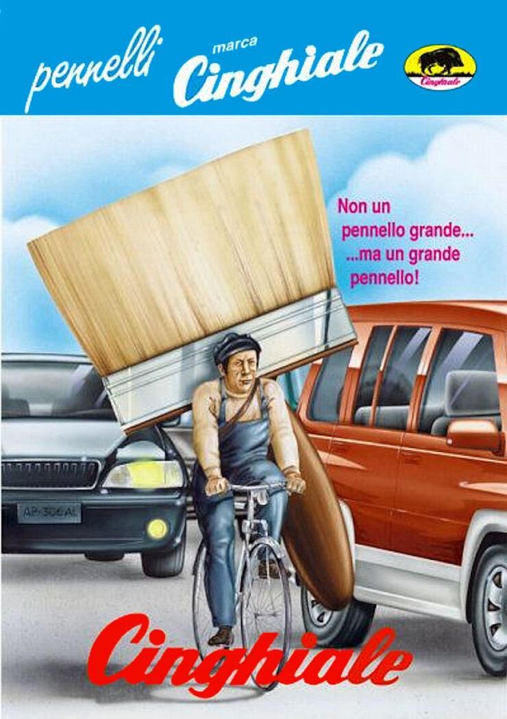 Pubblicità dei pennelli Cinghiale con l'imbianchino con un pennello grande a tracolla.