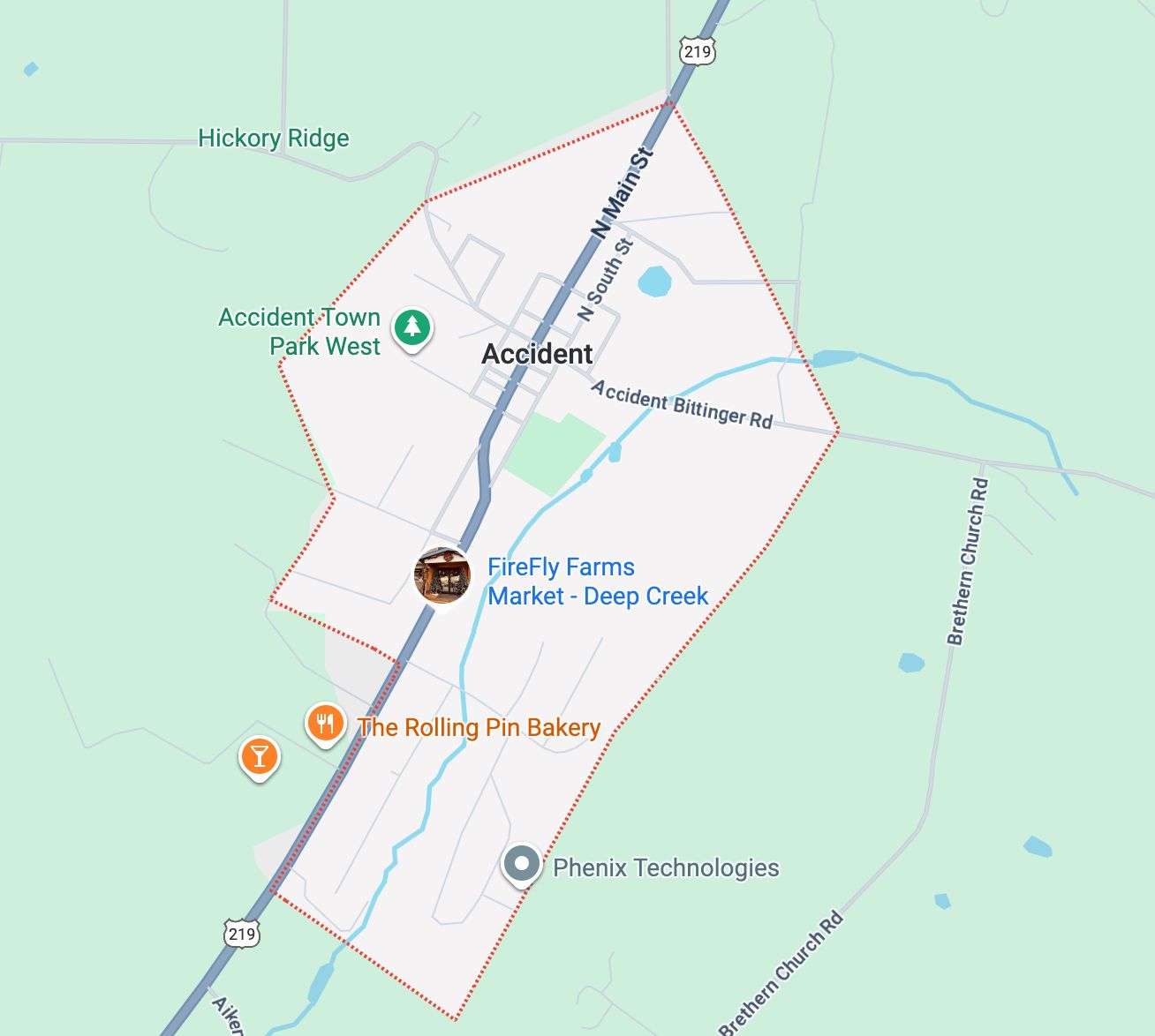 A screenshot of Google Maps showing Accident, Maryland, USA