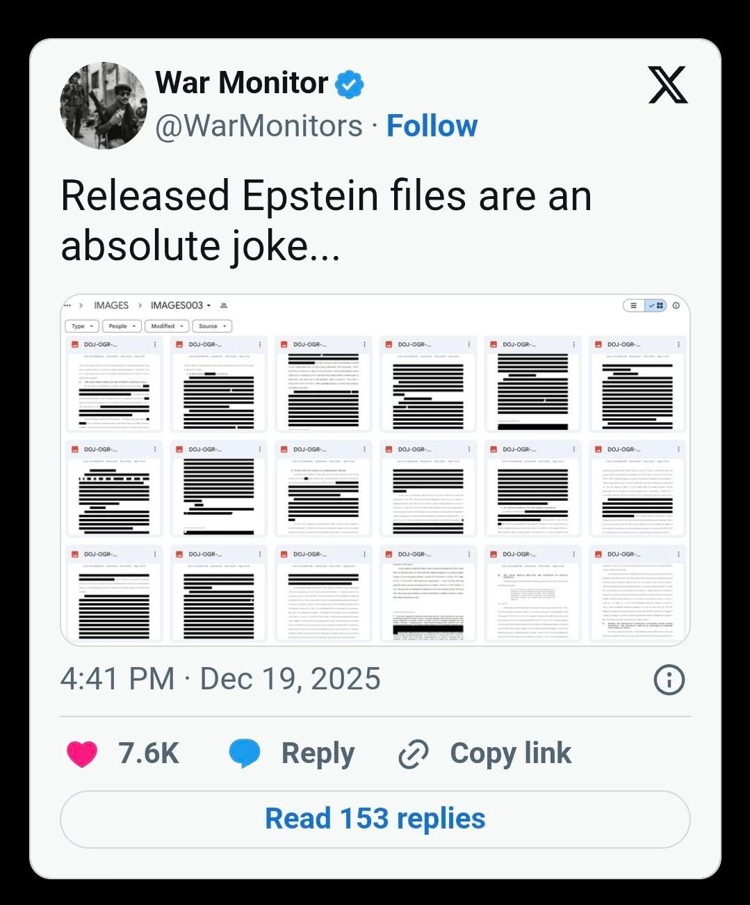 A Twitter post from War Monitor showing multiple images of the Epstein files almost fully covered up with redactions saying: Released Epstein files are an absolute joke..."