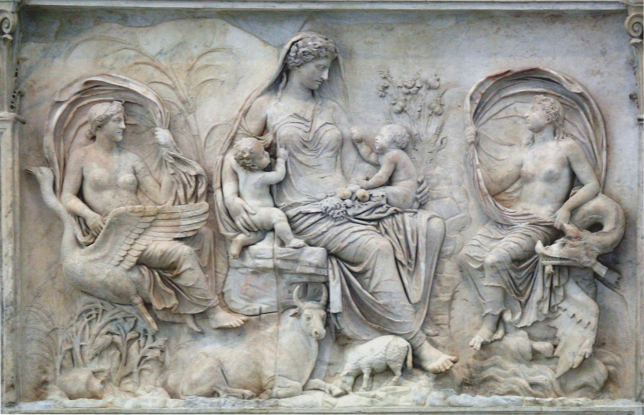 Here we see the panel as it appears today housed in the purpose-built museum in Rome, the central figure, identified variously as Roma, Tellus, Ceres amongst others who holds two infants. She is accompanied by lesser divinities as well as variety of real and imagined animals as well as a range of flowering and fruiting plants. The sense of abundance is palpable.