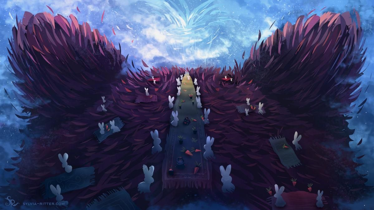 It's the annual carrot festival, celebrated with a picnic. Many rabbits congregate with cozy picnic blankets and the most delicious carrots of the season. One of those blankets in the middle is especially colorful (rainbow colors) and reaches far into the distance. Everyone tries to get a view on snowy Mount Carrot, visible in the background, covered by light fog. Stories of rabbit climbers and ancient mythologies are being shared.

Not to forget this event is happening on a giant bear head, fluffy and soft fur, like dark purple grass. The bear enjoys this cute company as long as it does not get too crowded.

https://www.deviantart.com/sylviaritter/art/Speedpainting-05122025-1271863972