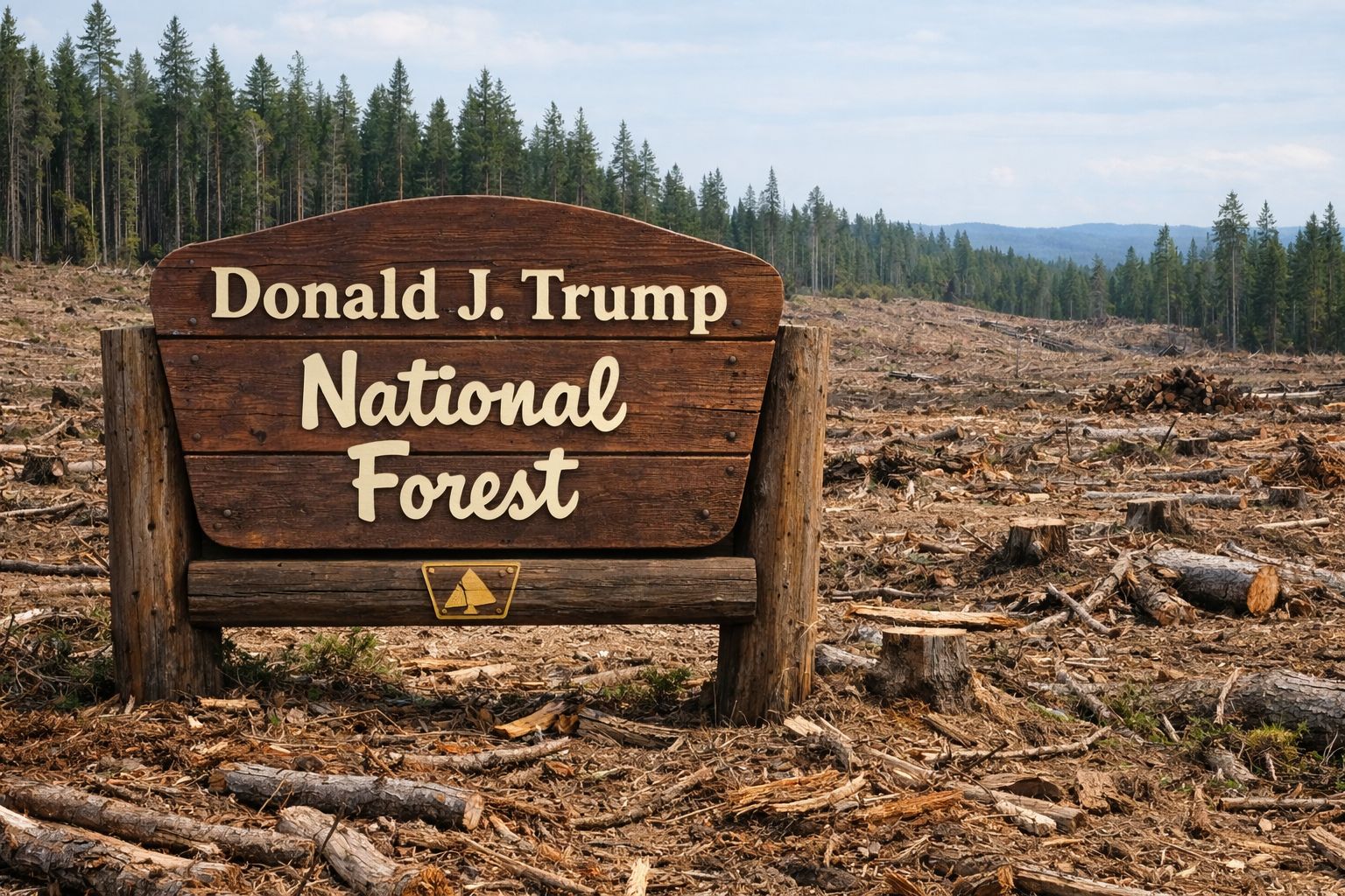 Clear-cut forest with a sign saying "Donald J. Trump National Forest" in front of it. Image from an AI image generator